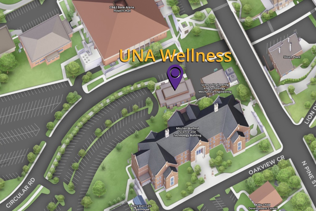 Map image showing the location of UNA Wellness, Bennett Hall, on the campus of UNA